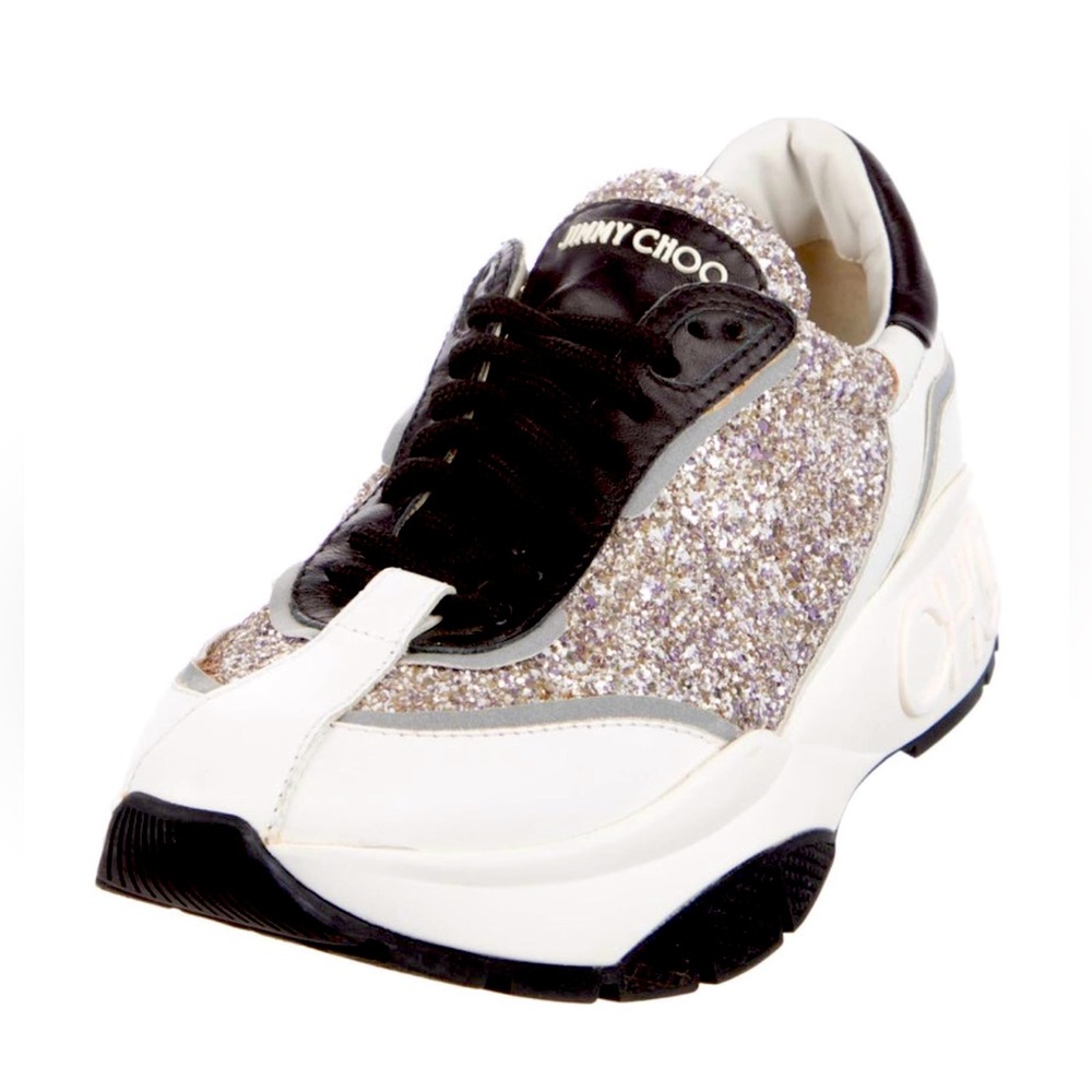 Jimmy Choo White Black Glitter Chunky Sneakers